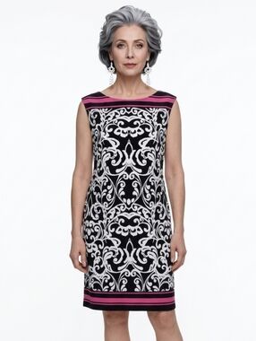 Jessica Howard Black White & Pink Baroque Print Boat Neck Shift Dress Size M